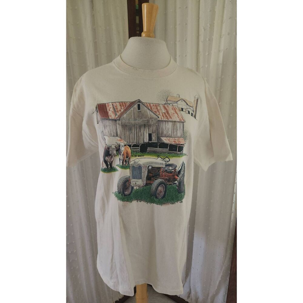 E37 Farmyard Barn cows and Tractor screenprint t-shirt